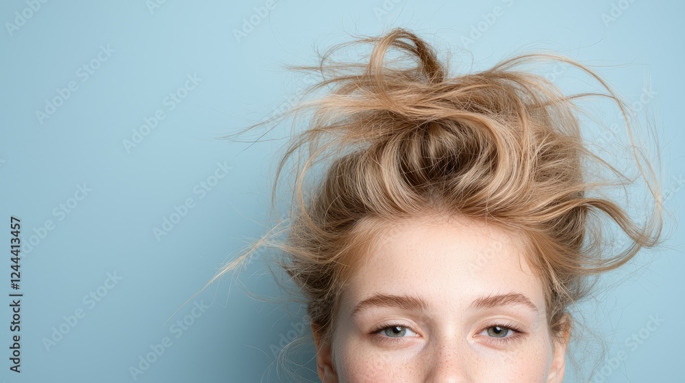 Woman's messy bun, light blue background, haircare Woman's messy bun, light blue background, haircare