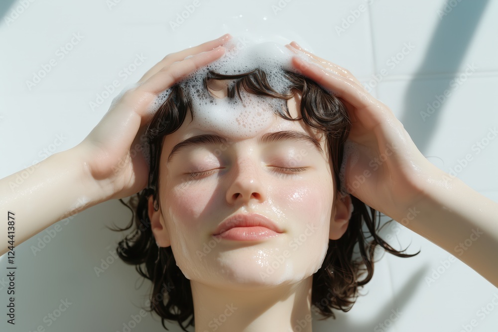 Naklejka premium Model washing her hair with rich foam, savoring a rejuvenating moment of self care in a bright, airy bathroom filled with natural light