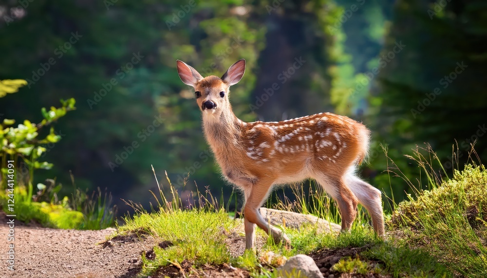 Enchanting Baby Deer Exploring a Forest Trail on a Sunlit Hike, Set Amidst Autumn Leaves and Bold Evergreens, Showcasing the Wonders of Nature in Wintery Wonderland. Enchanting Baby Deer Exploring a Forest Trail on a Sunlit Hike, Set Amidst Autumn Leaves and Bold Evergreens, Showcasing the Wonders of Nature in Wintery Wonderland.