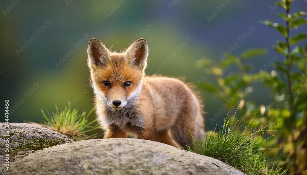 Delicate Red Baby Fox Perched on Stone Near His Hideaway, Capturing the Innocence and Gentleness of Early Morning in a Winter Forest. Delicate Red Baby Fox Perched on Stone Near His Hideaway, Capturing the Innocence and Gentleness of Early Morning in a Winter Forest.