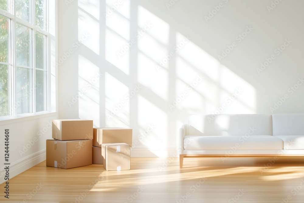 Fototapeta premium Sunlight streams into a newly renovated apartment with cardboard boxes and a modern white sofa, creating a bright and airy atmosphere