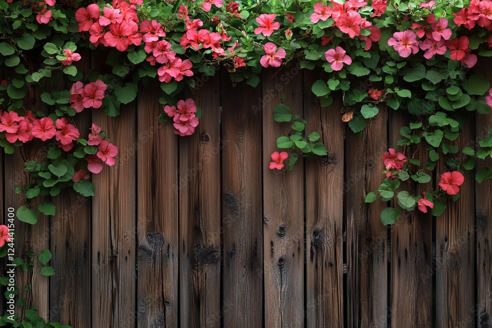 Fototapeta premium Rustic wooden garden fence with climbing flowers on top