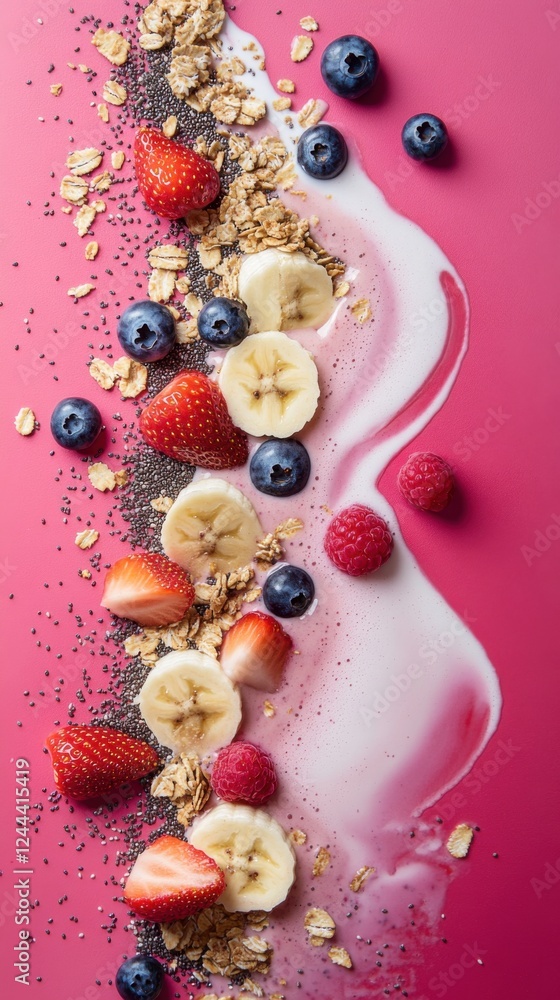 Fototapeta premium Blended strawberries with blueberries and banana slices arranged artistically on a vibrant pink background