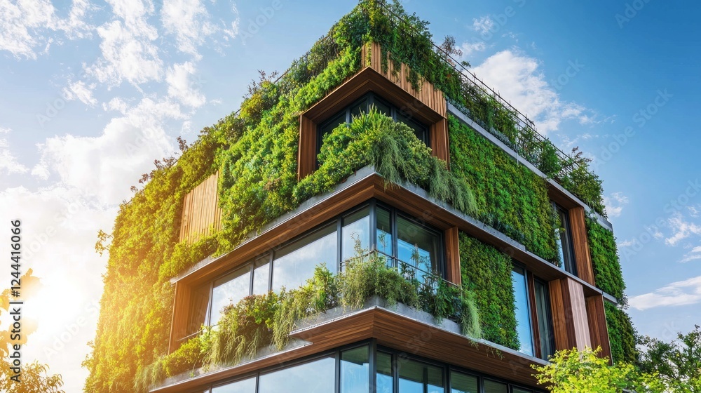 Fototapeta premium Modern Eco-Friendly Building Surrounded by Lush Greenery and Glass
