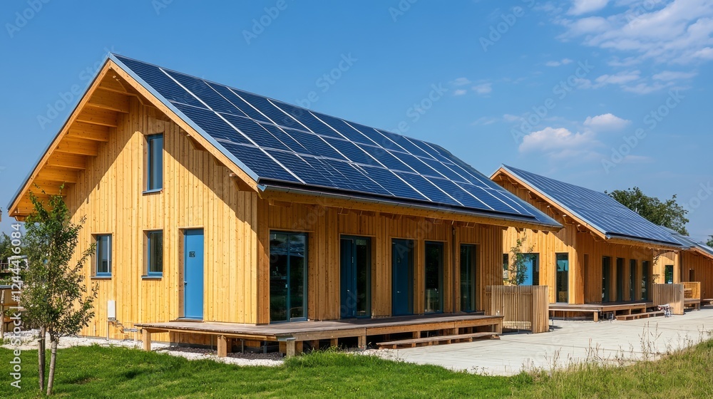 Fototapeta premium Eco-Friendly Wooden Houses with Solar Panels under Blue Sky