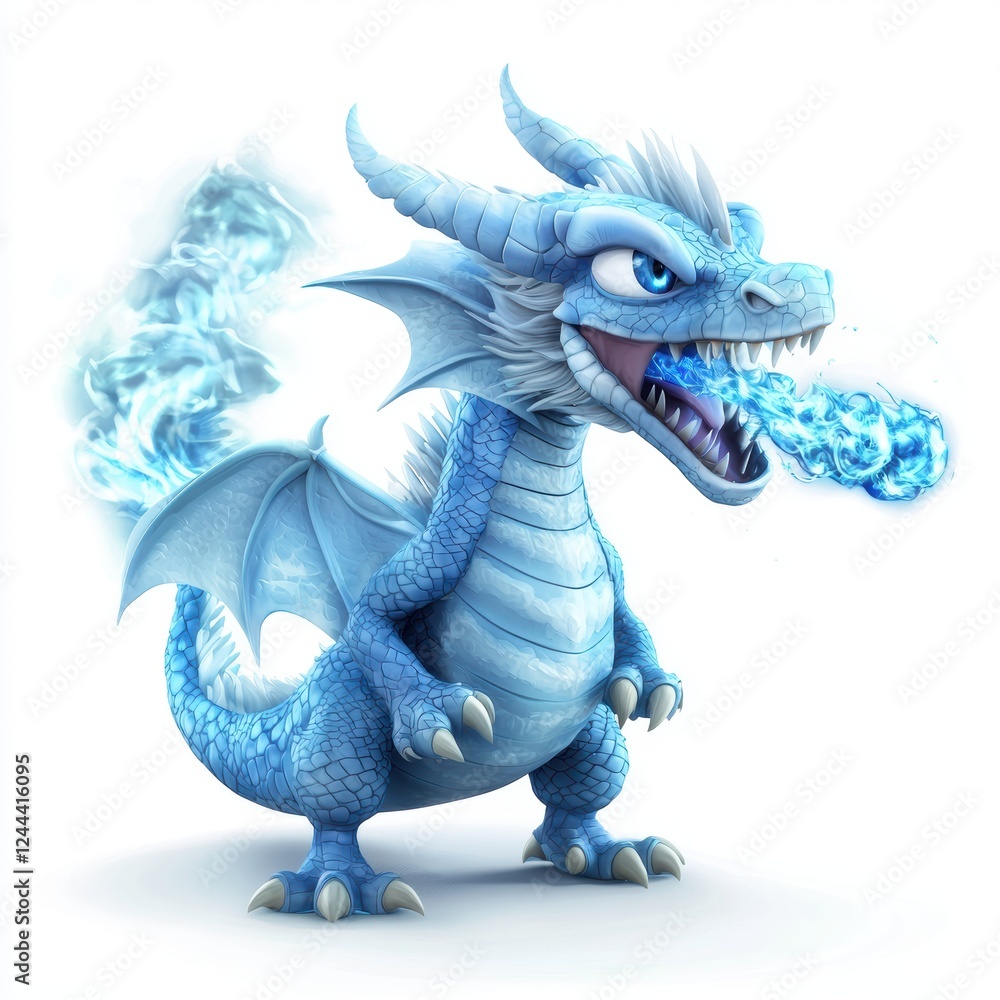 Obraz premium small dragon breathing blue fire, isolated on white
