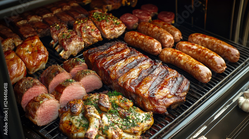 Meat food, sausages, herbs and spices vector design. Beef steaks, pork ribs and fresh chicken, ham, salami and bacon, smoked frankfurter, barbecue turkey leg and lamb, garlic, parsley and rosemary photo