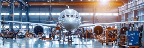 Airplane inside a maintenance hangar. Large passenger aircraft undergoing service and repair in an industrial facility.

