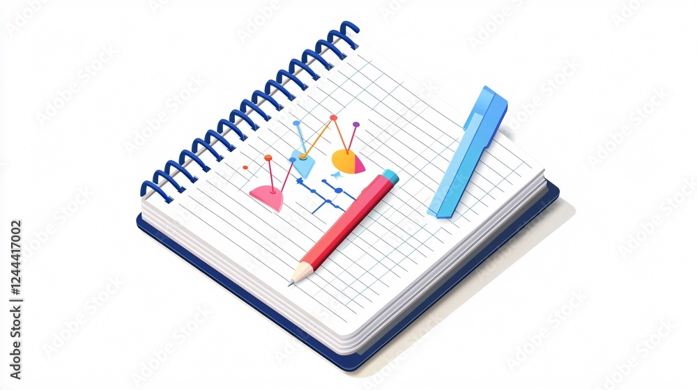 Isometric Notebook with a Blue Ribbon Bookmark, Concept of Education, Knowledge, Business and Office Supplies Isometric Notebook with a Blue Ribbon Bookmark, Concept of Education, Knowledge, Business and Office Supplies