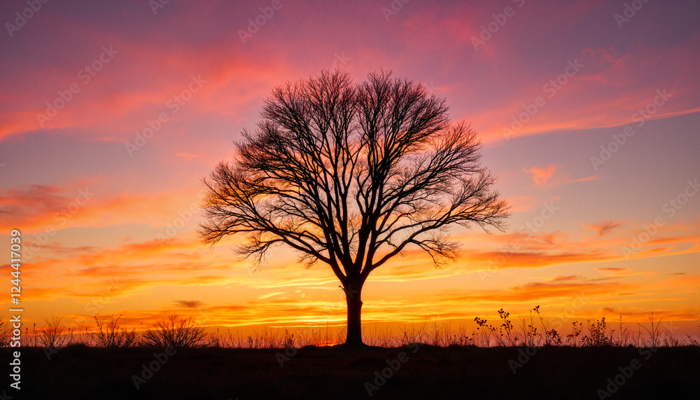 Silhouette of a lone bare tree at sunset, beauty of nature Silhouette of a lone bare tree at sunset, beauty of nature