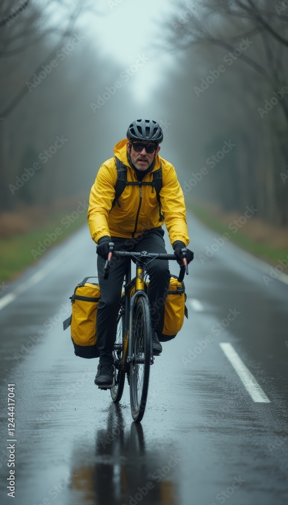 A determined cyclist in a bright yellow rain jacket navigates a slick, reflective road under a moody, foggy sky. The image captures the spirit of adventure and resilience, showcasing the cyclists A determined cyclist in a bright yellow rain jacket navigates a slick, reflective road under a moody, foggy sky. The image captures the spirit of adventure and resilience, showcasing the cyclists