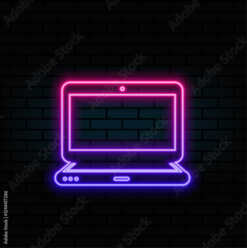 Blue simple neon laptop sign. Digital store, Electronics store board. Bright poster. Stock vector illustration