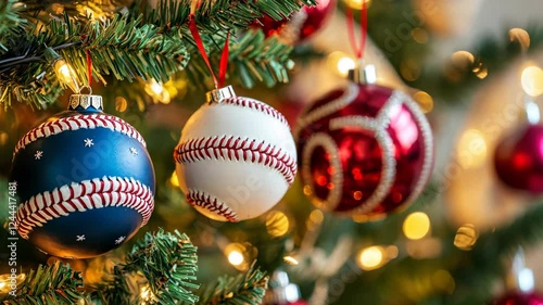 Festive holiday baseball ornaments decorating a vibrant christmas tree
