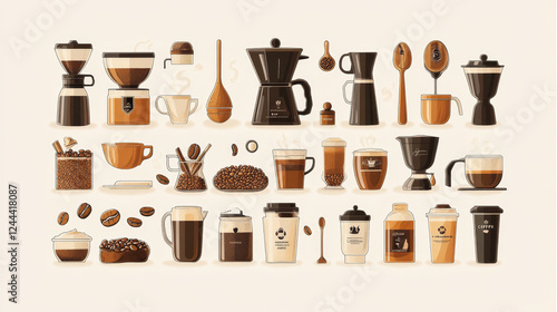 Coffeebeans, cups and drinks vector posters. Cafe, coffee shop cups, sack with roasted beans, irish and cezva, americano and latte beverages. Mugs with hot drinks, percolator and filter, vintage cards photo