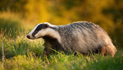 Single Badger Ambling Through Dappled Grassland Meles meles Embodies Rustic Solitude in a Late Afternoon Glimpse photo