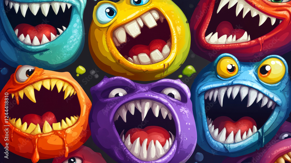 Sudoku game with Halloween monster mouths vector template. Children education logic puzzle, riddle or rebus worksheet with square of cartoon alien creature smiles and grins, vampire teeth and tongues Sudoku game with Halloween monster mouths vector template. Children education logic puzzle, riddle or rebus worksheet with square of cartoon alien creature smiles and grins, vampire teeth and tongues