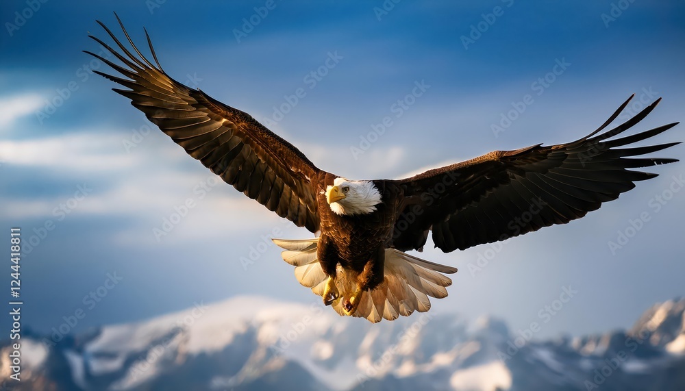 Naklejka premium Majestic Bald Eagle Soaring Freely over Serene Winter Landscape, SnowCovered Forests Giving Way to Clear Blue Sky, Capturing the Power and Beauty of Natures Apex Predator in Flight.