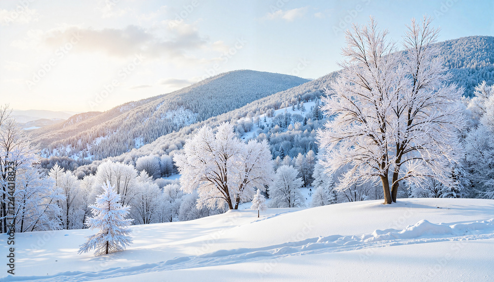 Snow-covered mountainside with bare trees under midday sun, tranquility Snow-covered mountainside with bare trees under midday sun, tranquility