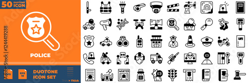 Police Duotone Editable Icons set. Vector illustration in modern thin duotone style of police icons: badge, jail, arrest, investigate, handcuffs, etc