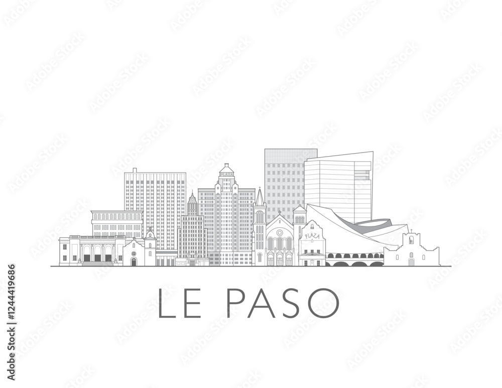Fototapeta premium El Paso, Texas, skyline. Hand drawn vector illustration. Linear style.