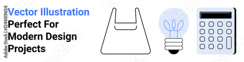 Shopping bag, eco-friendly light bulb, and calculator emphasize sustainability, innovation, and simplicity. Ideal for e-commerce, environmentally conscious themes, modern education, creativity tech