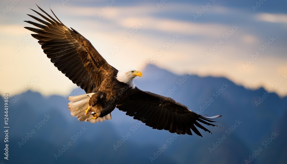 Majestic Bald Eagle Soaring Freely in Flight Against a Frosty Winter Sky Powerful, Regal, and AweInspiring American Symbol at Sunrise Majestic Bald Eagle Soaring Freely in Flight Against a Frosty Winter Sky Powerful, Regal, and AweInspiring American Symbol at Sunrise