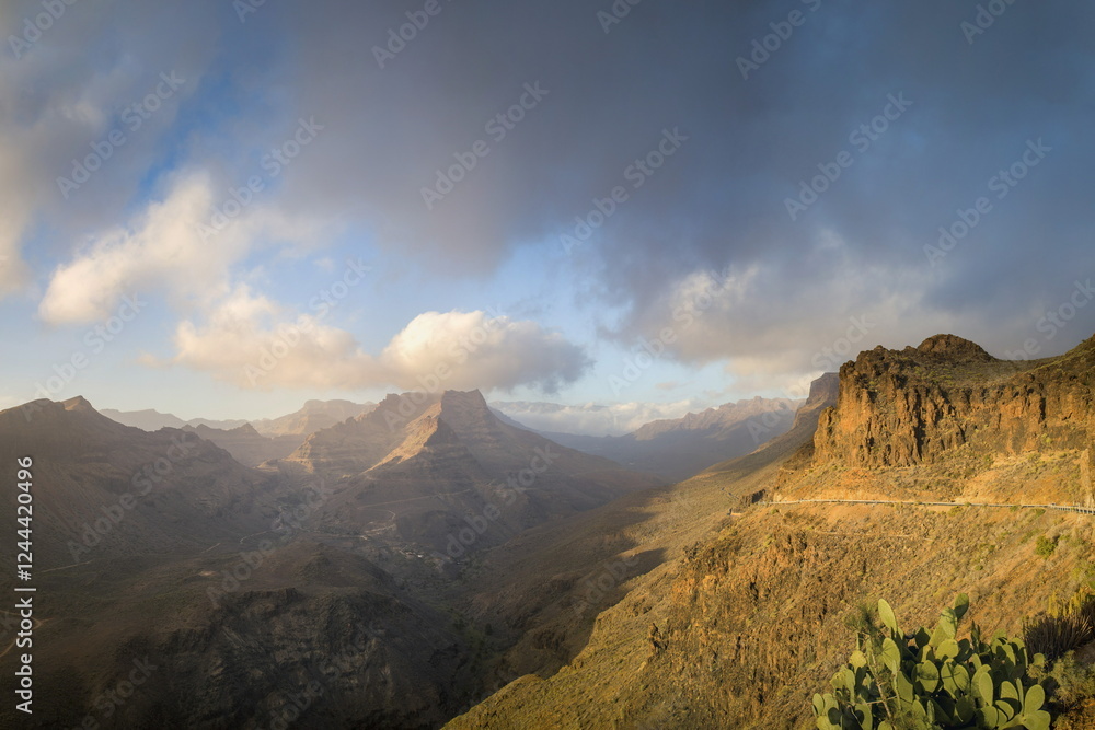 Winding road through a mountainous landscape in Gran Canaria. Mirador Astronomico de la Degollada de las Yeguas