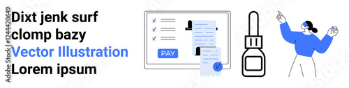 Checklist with completion marks, receipt, pay button, dropper tool, and gesturing person. Ideal for finance, technology, e-commerce health education workflow and achievement concepts. Abstract