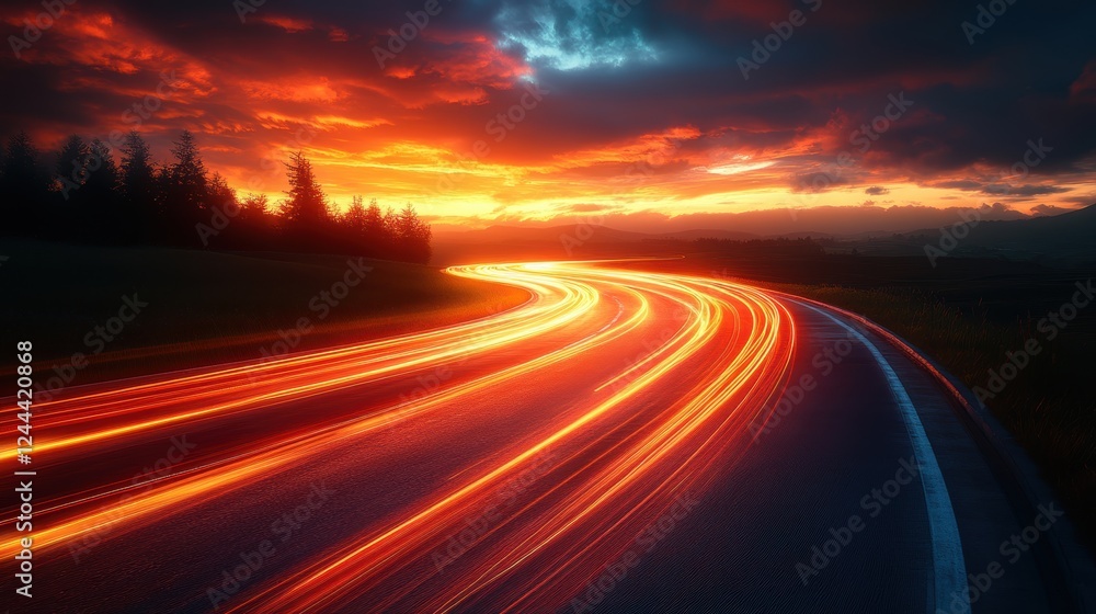 A winding road illuminated by vibrant sunset hues and light trails. A winding road illuminated by vibrant sunset hues and light trails.
