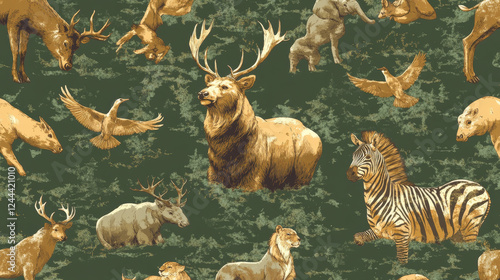 Wild animal and bird seamless pattern background for hunting sport themes design. Forest deer, bear and duck, african safari elephant, lion and giraffe, rhino, hippo and zebra, hare, elk and boar photo