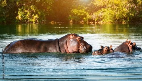 Striking Nile Crocodiles Swimming in a Rapid River, Majestic Nilotic Creatures Navigating through the Winding Waters of an African Fluvial Landscape at Dawn photo