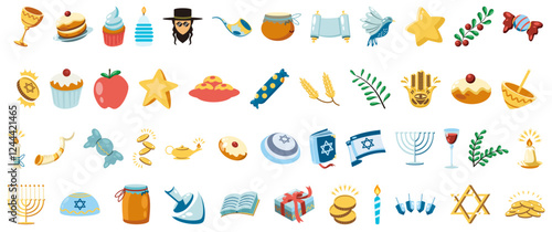 Colorful Flat Icons Representing Jewish Holidays and Traditions, This image features a collection of flat, vibrant icons representing various Jewish holidays and traditions.