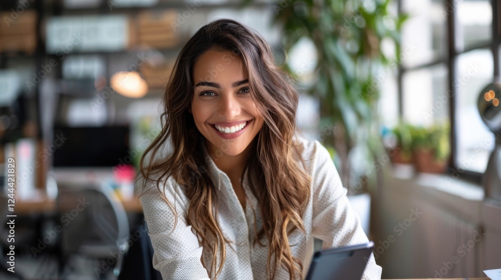 Businesswoman in formal wear, Hispanic, happily using her smartphone at her workstation Businesswoman in formal wear, Hispanic, happily using her smartphone at her workstation