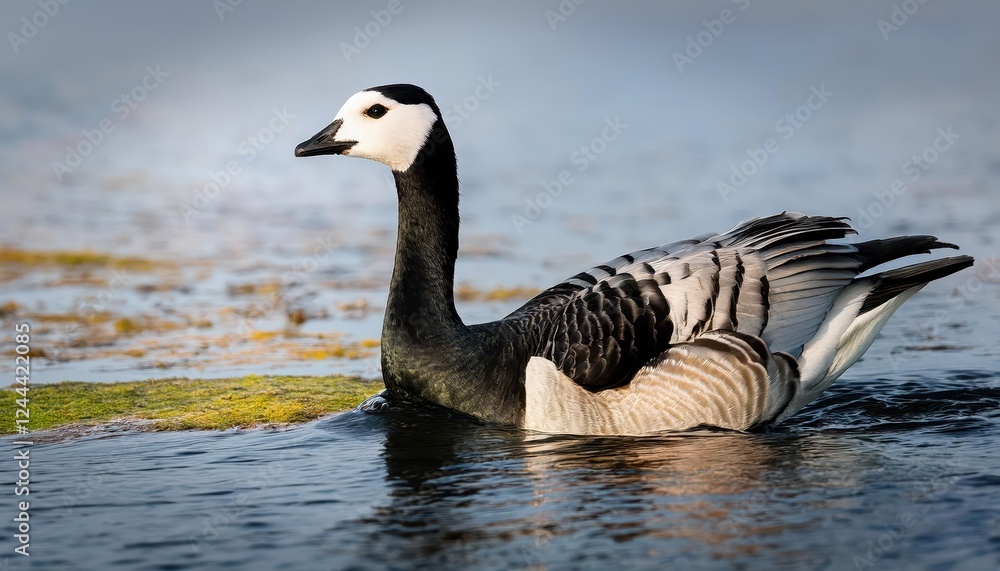Striking Barnacle Goose in Wintery Tundra, With Icy Backdrop and Feathers Puffed Against the Cold, Showcasing the Beauty of Arctic Wildlife at Dawn. Striking Barnacle Goose in Wintery Tundra, With Icy Backdrop and Feathers Puffed Against the Cold, Showcasing the Beauty of Arctic Wildlife at Dawn.