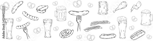 Barbecue bbq banner for web site, card, paper with sausages, bacon, pork, chicken, pretzel, beer snacks and other unhealthy meal for pub bar restaurant menu, meat snacks, fork, food 