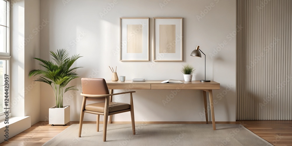 Cozy and modern workspace with wooden desk, natural light and greenery in contemporary interior design Cozy and modern workspace with wooden desk, natural light and greenery in contemporary interior design