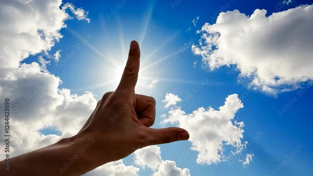 Hand gestures framing the sun against bright blue sky with fluffy clouds Hand gestures framing the sun against bright blue sky with fluffy clouds