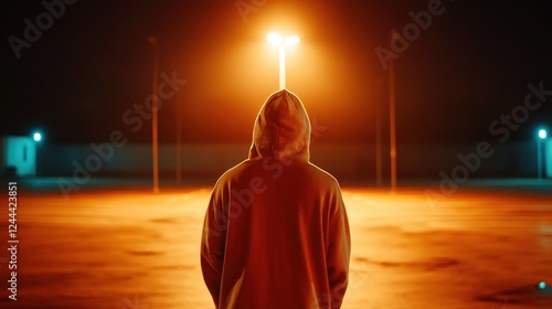 A hooded figure stands at night in a deserted area bathed in warm orange light, suggesting a mix of comfort and unease, inviting deep reflection on isolation. photo