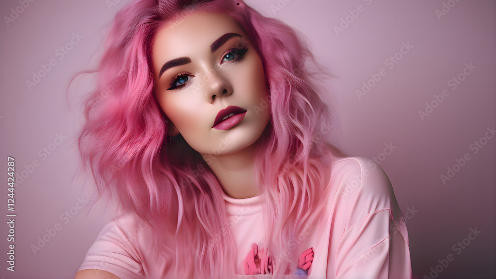 A woman with vibrant pink curls, striking eye makeup, and shiny lips. Adorned with large hoop earrings and dressed in white, she seamlessly blends into the soft pink backdrop.



