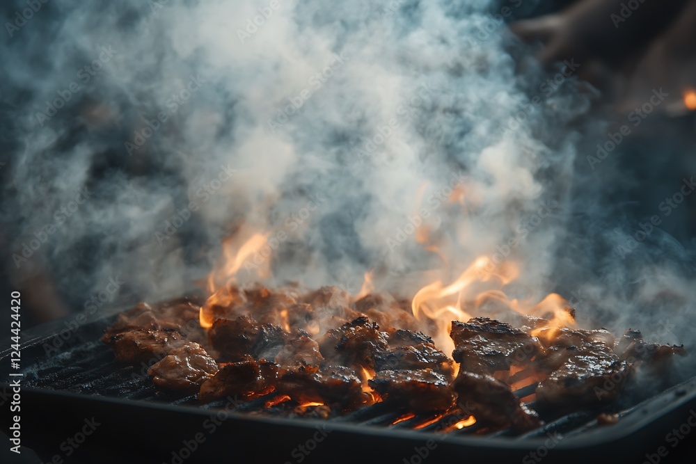 Sizzling Meat on a Grill with Flames and Smoke Delicious Barbecue Cooking Sizzling Meat on a Grill with Flames and Smoke Delicious Barbecue Cooking