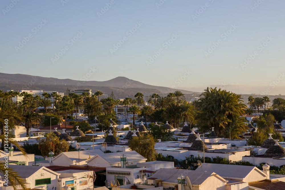 Cityscape in Gran Canaria with distinctive cone-shaped roof architecture and palm trees.