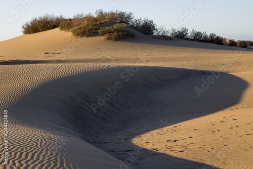 Obraz na płótnie Maspalomas Dunes in Gran Canaria. Textured sand dunes with patterns, shadows, and faint footprints. w salonie