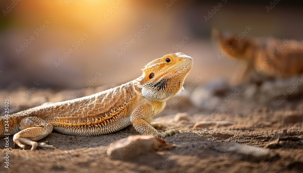 Vibrant and Majestic Bearded Dragon Basking in the Deserts Warm Hues, Showcasing Striking Patterns and Textures against a Blurred Landscape Vibrant and Majestic Bearded Dragon Basking in the Deserts Warm Hues, Showcasing Striking Patterns and Textures against a Blurred Landscape