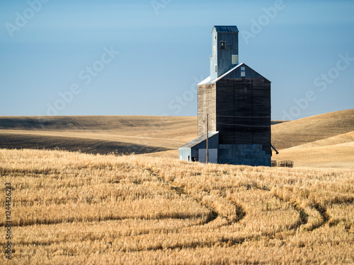 Foto Old wooden silo in a cut field at harvest time in the Palouse.