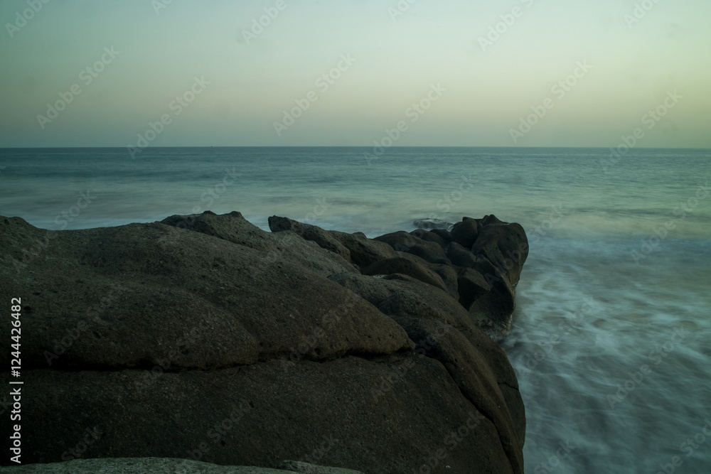 Rocky beach in Gran Canaria at sunset, sunrise.