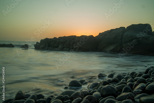Rocky beach in Gran Canaria at sunset, sunrise.