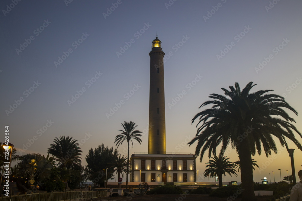 Faro de Maspalomas, Maspalomas Lighthouse in Gran Canaria at dusk or dawn.