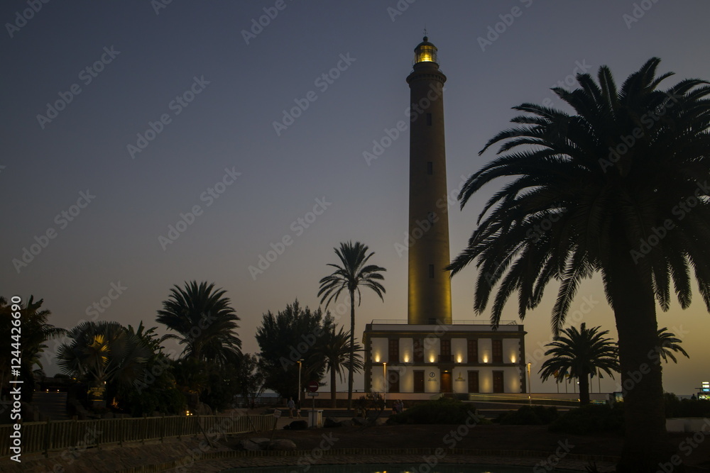 Faro de Maspalomas, Maspalomas Lighthouse in Gran Canaria at dusk or dawn.