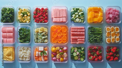 Stylish Flat-Lay of Meal Prep Containers with Colorful, Nutritious Meals for a Health Plan photo