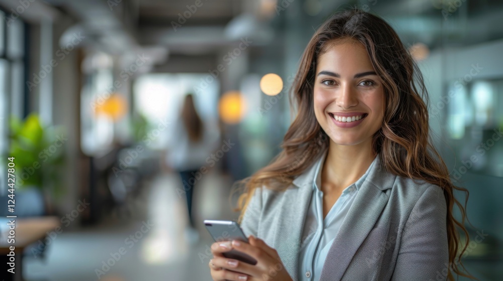 Businesswoman in formal wear, Hispanic, happily using her smartphone at her workstation Businesswoman in formal wear, Hispanic, happily using her smartphone at her workstation